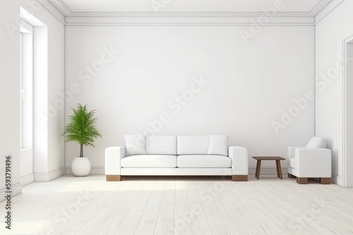 modern living room with a white couch and green potted plant. Generative AI