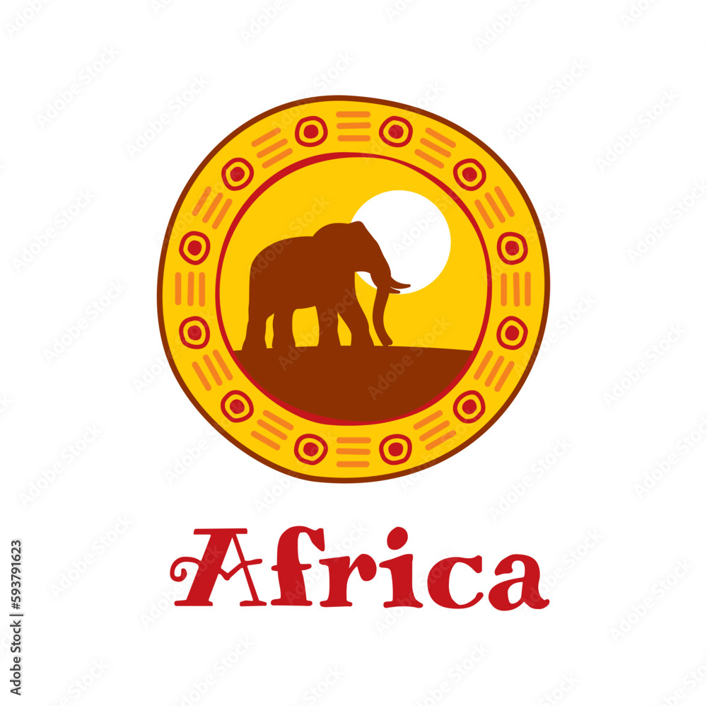 Africa icon. Elephant silhouette on sunset. African continent travel, Tanzania nature national park or Kenya tourism journey vector emblem, Nigeria wildlife icon or symbol with savanna animal