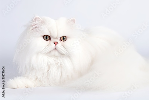 relaxed white fluffy cat lounging on a white background. Generative AI
