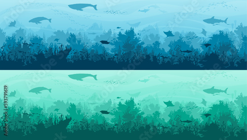Underwater landscape silhouette backgrounds, fishes, manta ray and whales, cartoon vector. Sea or ocean deep water and coral reef undersea landscape with silhouette of sharks and seaweeds in deep