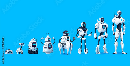 Robots evolution, vector timeline of robotics technology. Progress of mechanical cyborg characters generations changing from primitive to futuristic hi-tech anthropomorphic intelligent machines