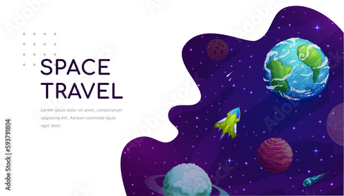 Space landing page, cartoon galaxy spaceship near earth planet, vector website background. Galaxy universe planets and spaceship or rocket in sky, space travel and galaxy exploration landing page