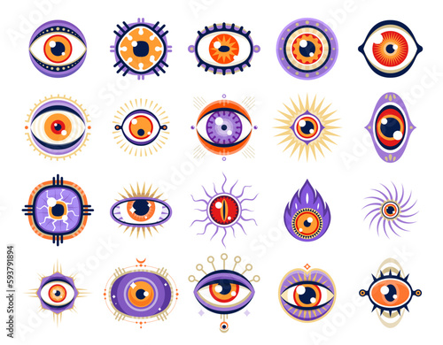 Eyes, magic symbols or witchcraft mystic and esoteric spiritual talismans, vector occult amulet icons. Turkish evil eye or Greek ethnic eye of providence and luck, esoteric and occult witchcraft signs