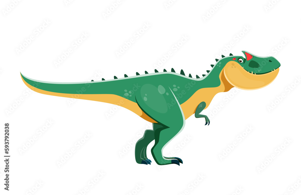 Cartoon Allosaurus dinosaur character. Prehistoric monster, ancient wildlife dinosaur or extinct beast. Paleontology lizard, Jurassic era Allosaurus predator green reptile comic vector personage Cartoon Allosaurus dinosaur character. Prehistoric monster, ancient wildlife dinosaur or extinct beast. Paleontology lizard, Jurassic era Allosaurus predator green reptile comic vector personage