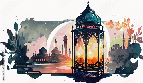 Watercolor painting Ramadan vibes a mosques landscape with candles lantern