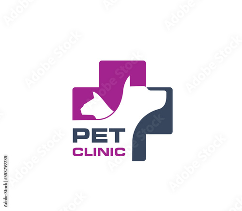 Pet clinic emblem. Domestic animal veterinary clinic, kitty veterinarian hospital or kitten medical service vector sign. Puppy vet doctor symbol or icon with cat and dog silhouettes in cross