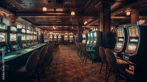 modern empty casino hall with game machines, general view. AI generated