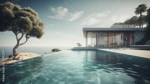 Luxury residential minimalist villa with pool and ocean. Al generated