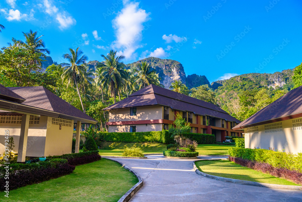 Bugalows with palms on Tonsai Bay, Railay Beach, Ao Nang, Krabi, Thailand