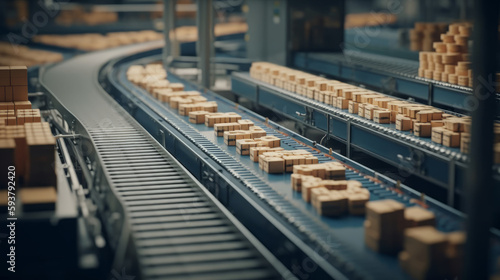 Realistic ilustration of cardboard boxes on a conveyor belt. Al generated