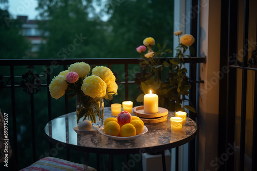 Table with burning candles, tea or wine, flowers, fruit on balcony on sunset. Cosy summer evening with warm retro light. Made with generative AI