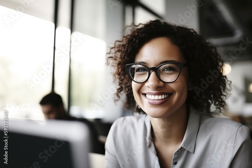 Smiling african american woman working on laptop while sitting in office. Generative ai