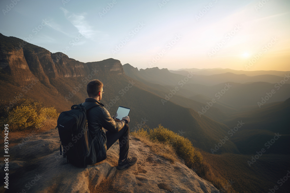 A man hiker with backpack speaking online on tablet during sitting in top of the mountain. Generative ai