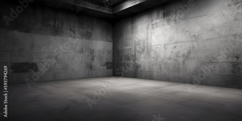 Grunge interior room with concrete wall and floor. Empty concrete space. Generative AI