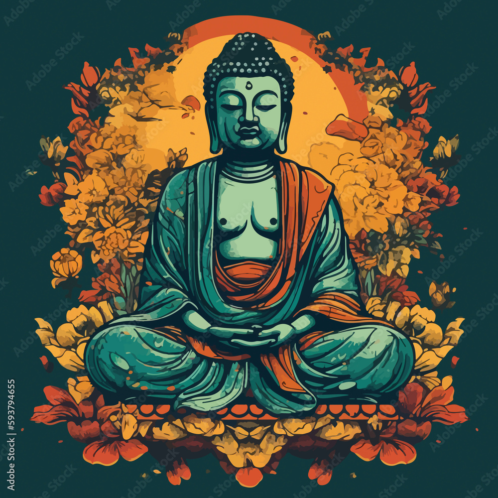 Buddha reaching nirvana, on the top of a very tall mountain, super vibrant illustration design Buddha reaching nirvana, on the top of a very tall mountain, super vibrant illustration design