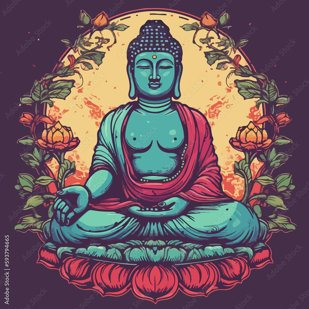 Buddha reaching nirvana, on the top of a very tall mountain, super vibrant illustration design Buddha reaching nirvana, on the top of a very tall mountain, super vibrant illustration design