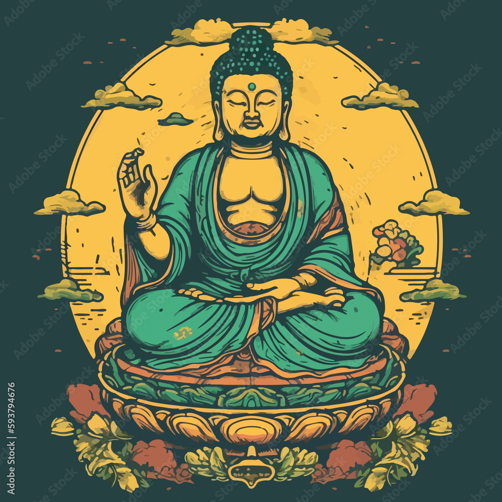 Buddha reaching nirvana, on the top of a very tall mountain, super vibrant illustration design Buddha reaching nirvana, on the top of a very tall mountain, super vibrant illustration design
