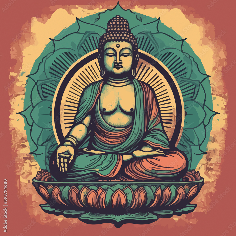 Buddha reaching nirvana, on the top of a very tall mountain, super vibrant illustration design Buddha reaching nirvana, on the top of a very tall mountain, super vibrant illustration design