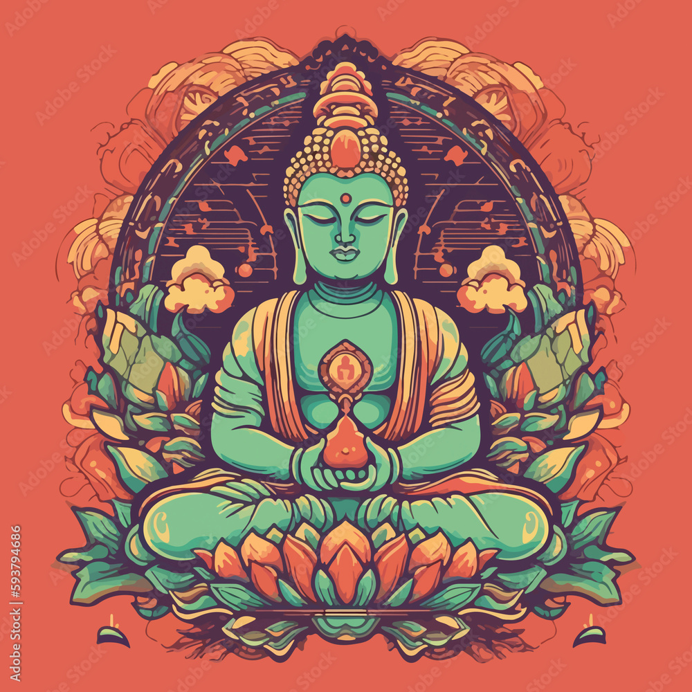 Fototapeta premium Buddha reaching nirvana, on the top of a very tall mountain, super vibrant illustration design
