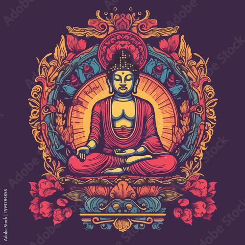 Buddha reaching nirvana, on the top of a very tall mountain, super vibrant illustration design © Fernando