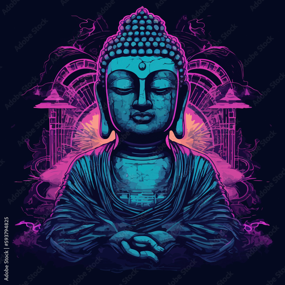 buddha art illustration, synthwave style, with a contour and dark background buddha art illustration, synthwave style, with a contour and dark background