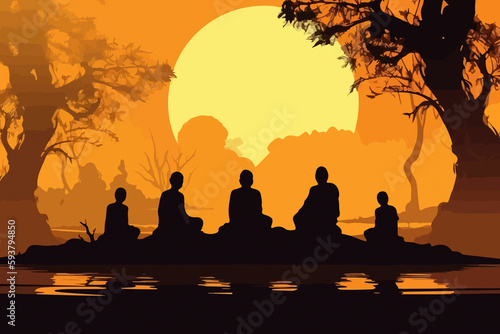 Serene meditating Buddha, religious silhouette, monastic setting, sunset scene