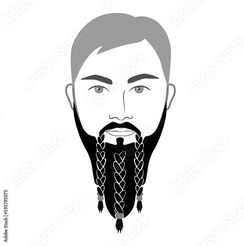 Viking Beard men braided or styled with beads, in face illustration Facial hair mustache. Vector grey black portrait male Fashion template flat barber. Stylish hairstyle isolated outline on white