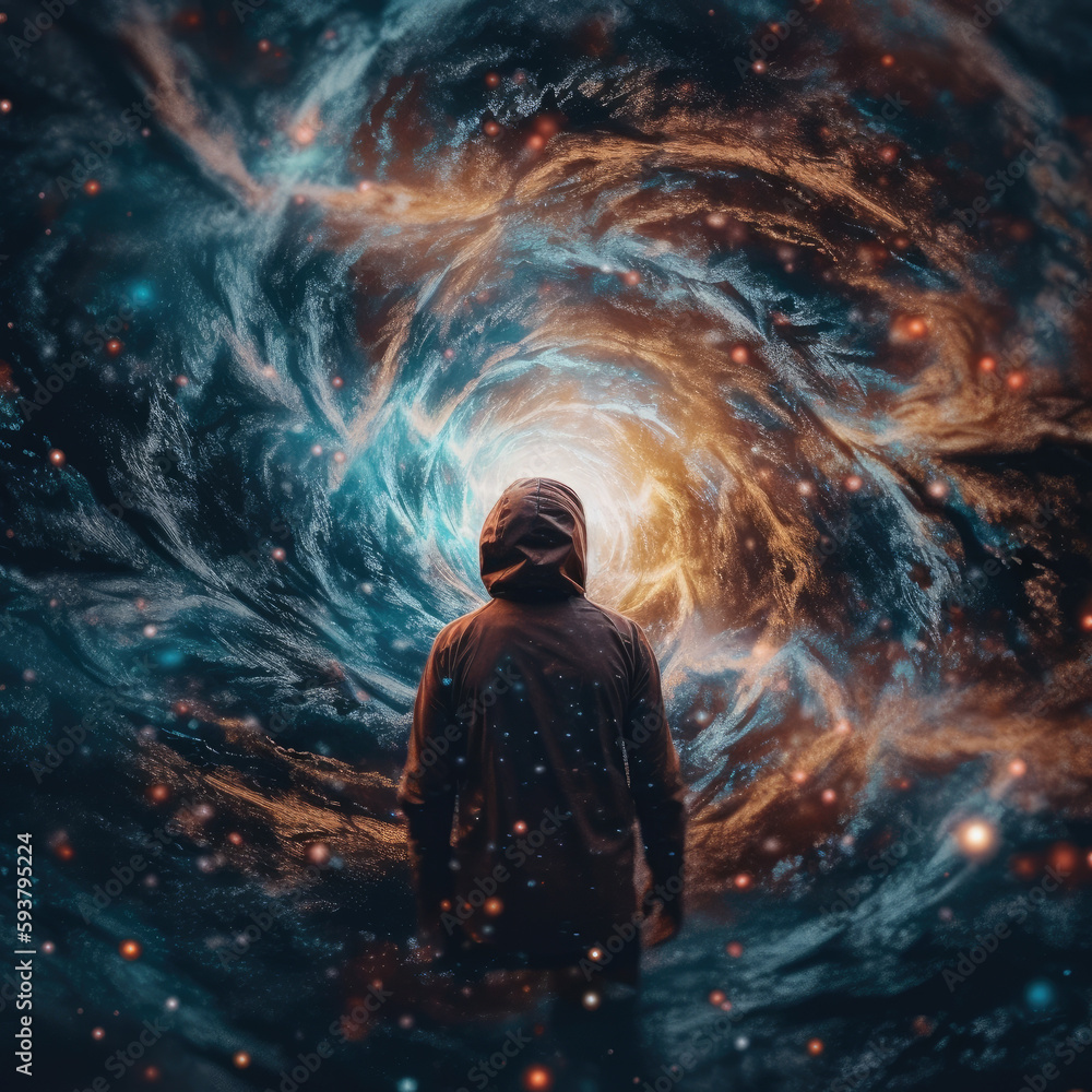 Fototapeta premium Surreal Portrait of a Person Adrift in the Wonder and Insignificance of the Universe
