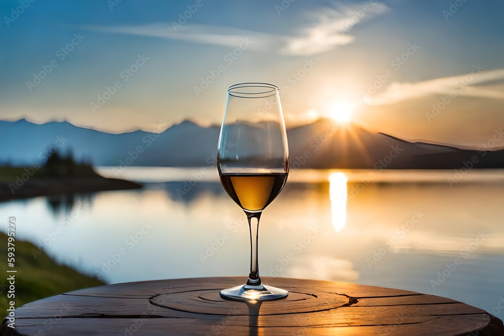 Glass of white wine on the table facing the lake - generativa IA