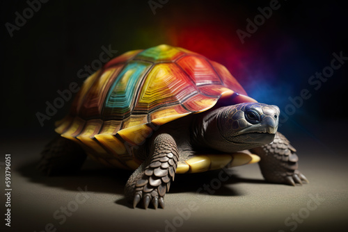 Beautiful rainbow colored tortoise, small multicolor fantasy insect, AI generative magic creature