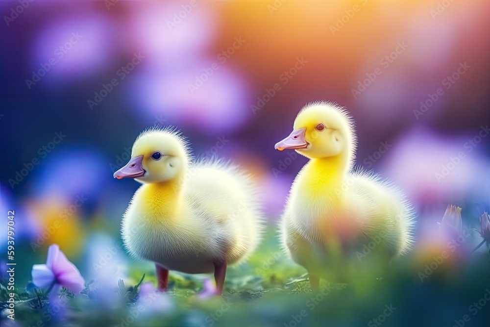 two ducklings standing in a green meadow. Generative AI