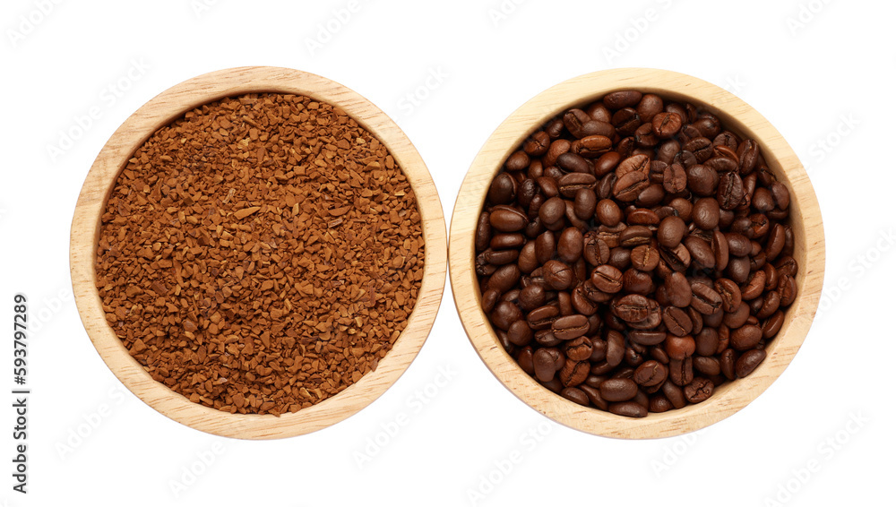 Bowls with instant coffee and roasted beans on white background, top view Bowls with instant coffee and roasted beans on white background, top view