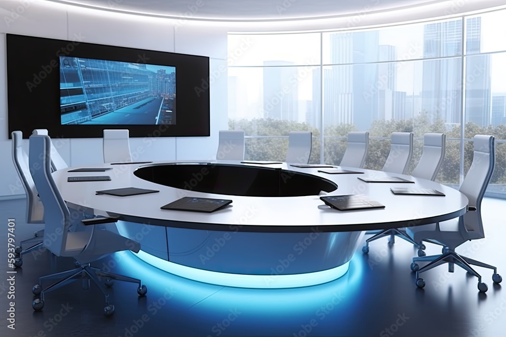 A conference room displays presentations with high technology. generative AI A conference room displays presentations with high technology. generative AI