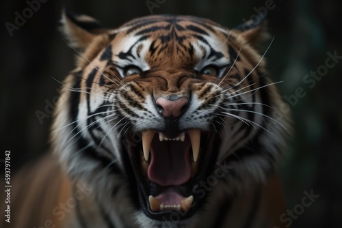 fierce tiger displaying its sharp teeth and open mouth. Generative AI