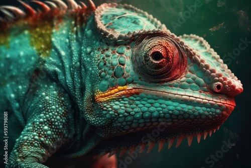 Green colored chameleon close up. AI generated  human enhanced