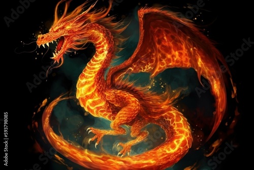 Dragon from fire on black background. Dragon drawn by fire. Flame with dragon silhouette. AI generated  human enhanced