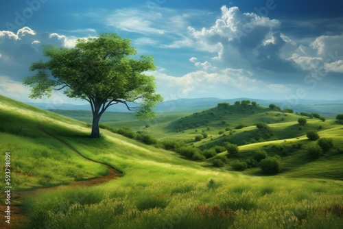 spring landscape with rolling green hills and light blue sky. AI generated, human enhanced.