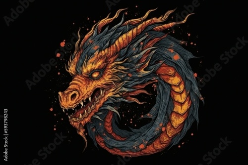 Dragon from fire on black background. Drawing style. Preparation for printing. AI generated, human enhanced © top images