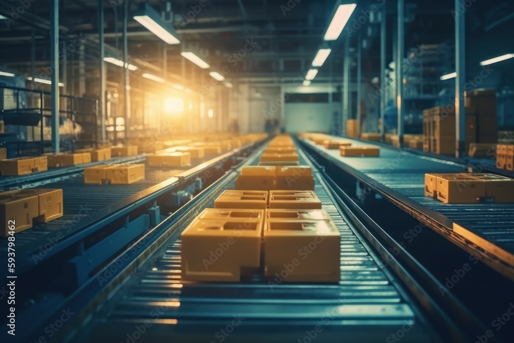 Conveyor belt for the production of boxes. Concept of automatic logistics management. AI generated, human enhanced Conveyor belt for the production of boxes. Concept of automatic logistics management. AI generated, human enhanced