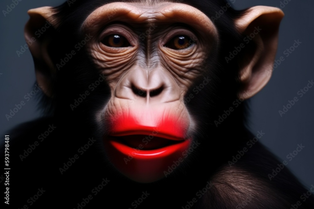 Anthropomorphic funny monkey with lipstick painted lips. AI generated, human enhanced Anthropomorphic funny monkey with lipstick painted lips. AI generated, human enhanced