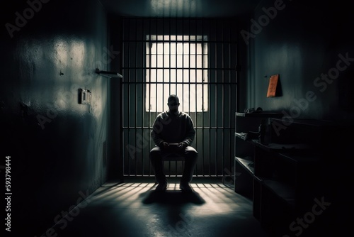 Hacker in prison cell. Selective focus. AI generated, human enhanced photo