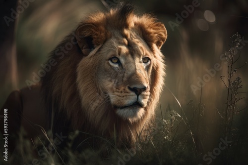 Beautiful lion in nature. The king of beasts concept. AI generated, human enhanced © top images