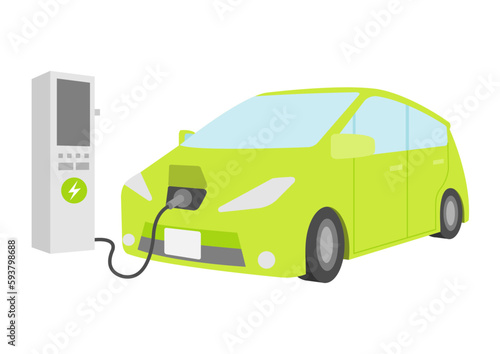 充電中の緑色の電気自動車のイラスト_1
