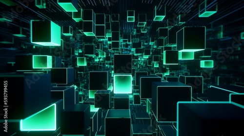 futuristic dimension abstract 3d cubes animation with green squares. generative AI