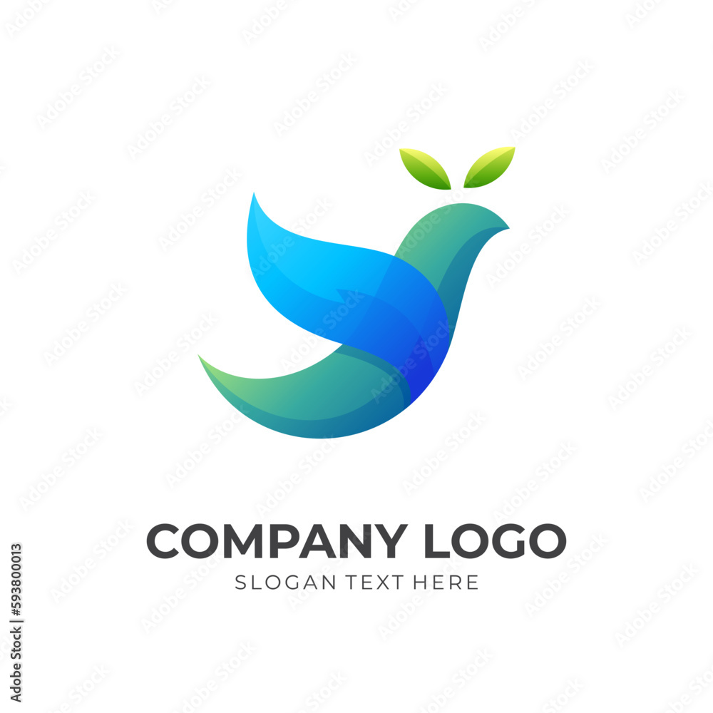 bird leaf logo design, bird and leaf combination logo with 3d colorful style
