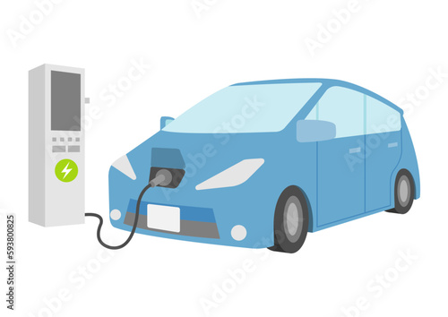 充電中の青い電気自動車のイラスト_1
