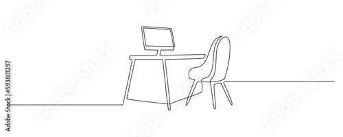 Office desk with desktop and chair in one continuous line drawing. Stylish furniture for home office room interior in simple linear style. Editable stroke. Doodle vector illustration