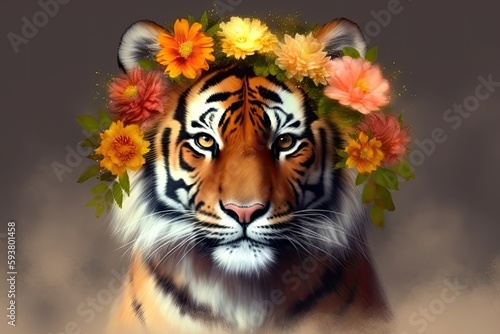tiger wearing a colorful flower crown on its head in a whimsical style. Generative AI