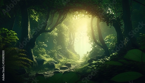 beautiful rays of sunlight in a green forest, digital art illustration, Generative AI