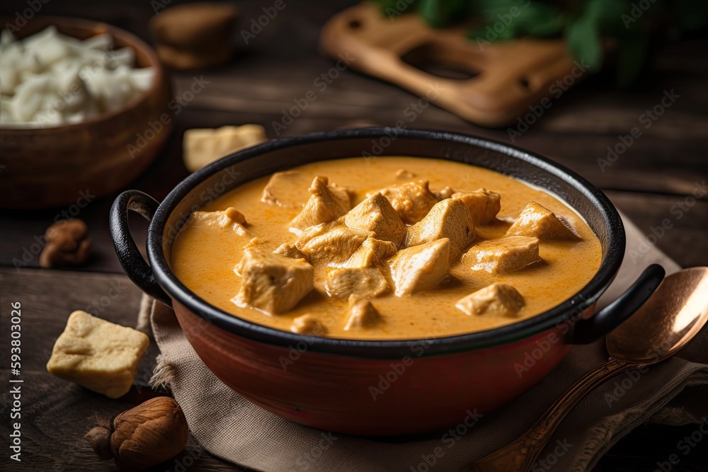 delicious vegan curry dish served in a bright red bowl with tofu. Generative AI delicious vegan curry dish served in a bright red bowl with tofu. Generative AI